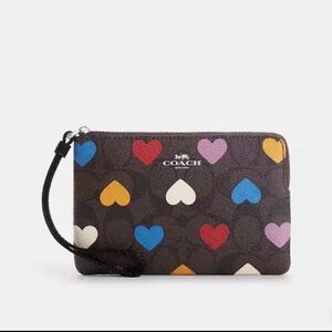 Coach Corner Zip Wristlet In Signature Canvas With Heart Print